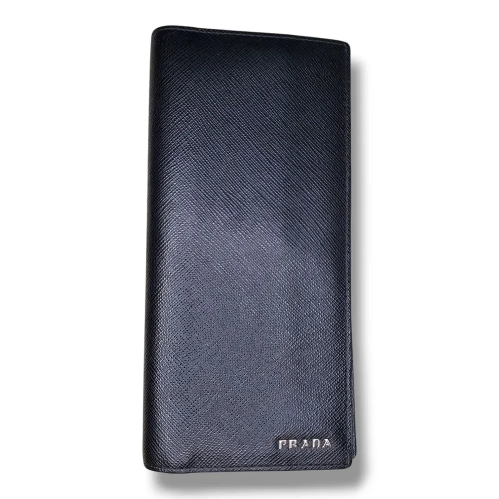 Prada Bicolor Black & Blue Saffiano Leather Long Wallet Sleek Minimalist Design
